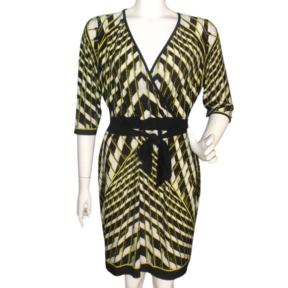 CALVIN KLEIN Dress, 12, Geometric, Half sleeve, Sash/Belt, Chartreuse/Black - Picture 1 of 11
